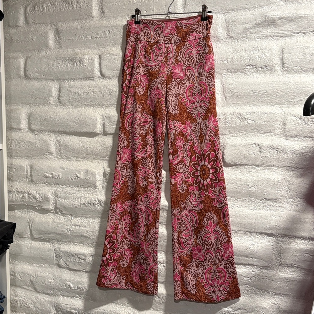 Anthropologie Maeve Pink Bronze Metallic Floral Paisley Wide Leg Flare Pants. - Picture 3 of 10